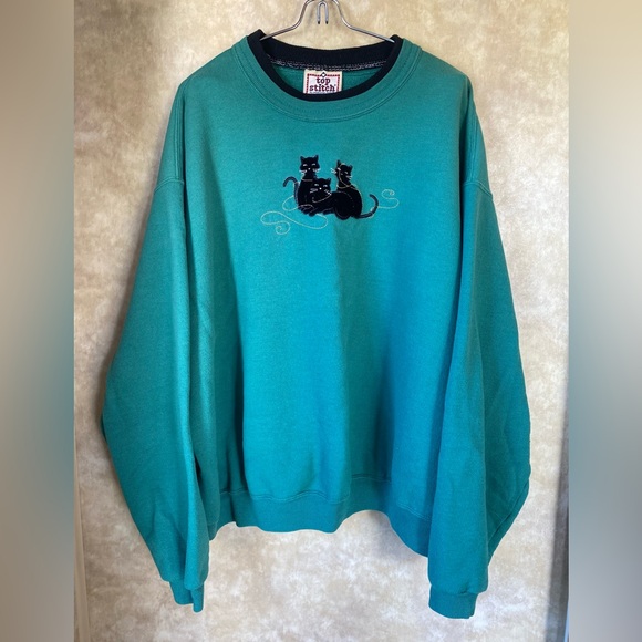 Top Stitch Sweaters - Top Stitch by Morning Sun Teal Sweatshirt with Velvet Black Cat Graphic VTG 90s